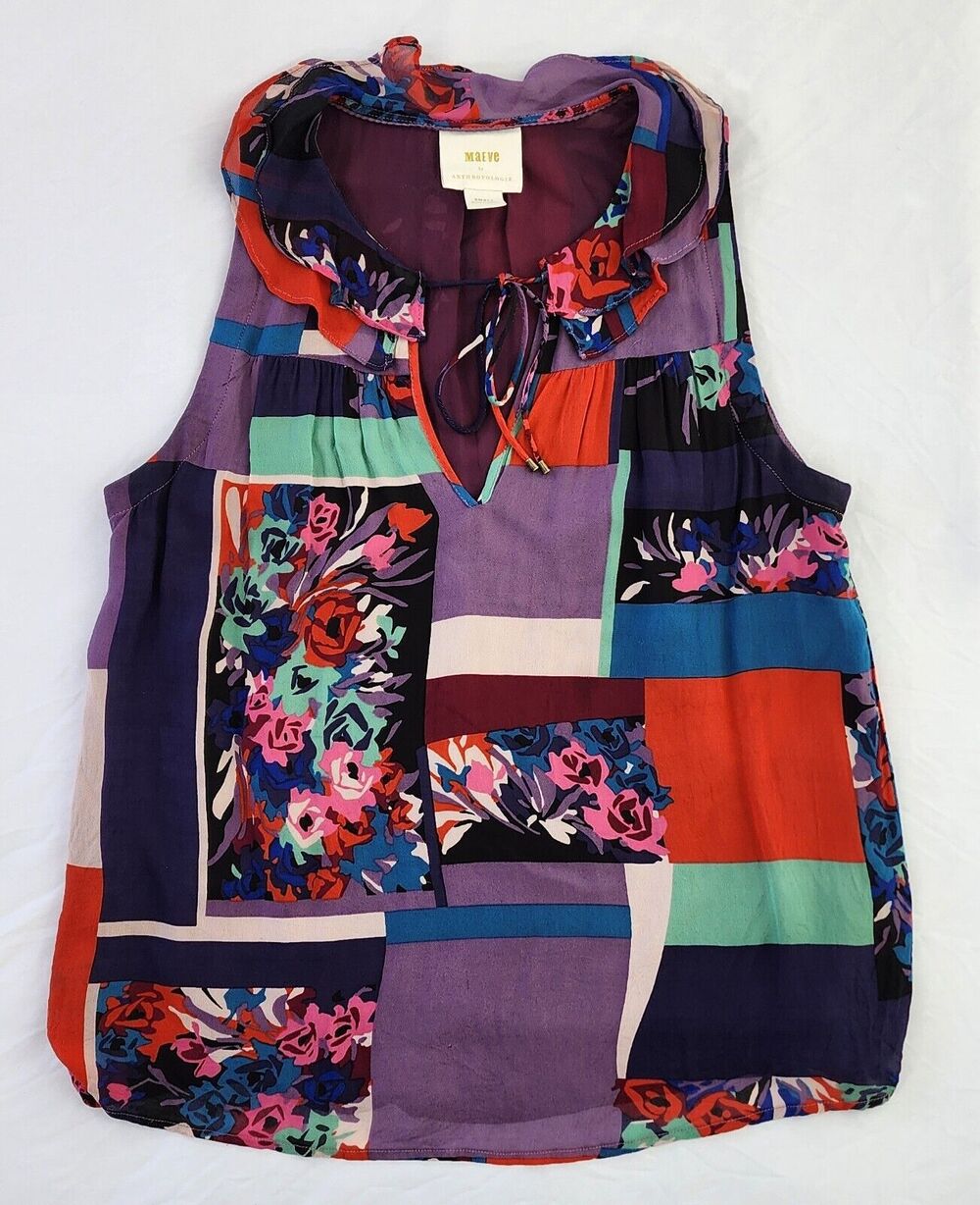 Anthropologie Maeve Top Womens Small Floral Color Block Lined Boho Tank Blouse